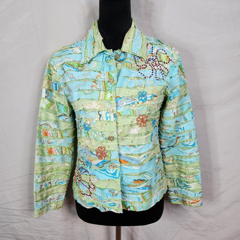 LIFE STYLE Petite Size Small 100% Cotton Art to Wear Ribbon Shacket Quiet Luxury